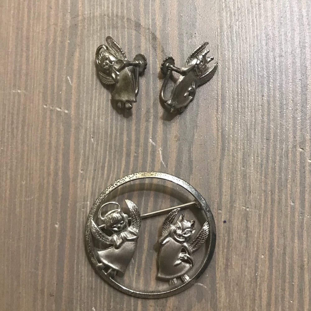 Vintage sterling angel devil brooch earrings